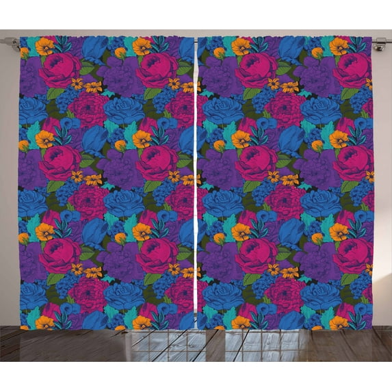 Ambesonne Floral Curtains 2 Panel Set, Vintage Bouquet Art, 108" x 63", Multicolor