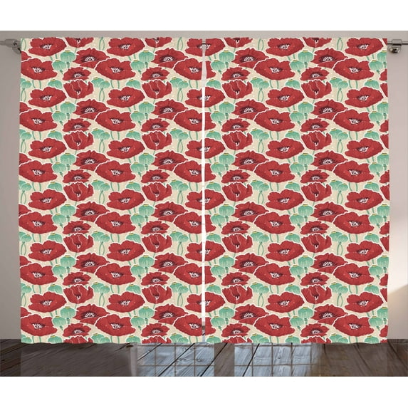 Ambesonne Floral Curtains 2 Panel Set, Watercolor Effect Poppy, 108" x 108", Almond Green Vermilion