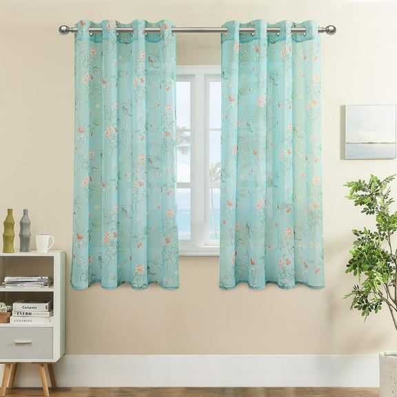 Floral Curtains 63 Inch Length for Kitchen Window,Tranquil Two Tone Sheer Blue and Curtain Panels for Room Set of 2