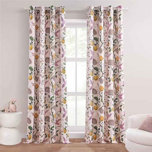 Floral Curtains 84 Inch Length 2 Panels Set Pink Spring French Country Coquette Flower Hummingbird Blush Pink Blackout Curtains Preppy Nursery Girls Bedroom Aesthetic Living Dining Room