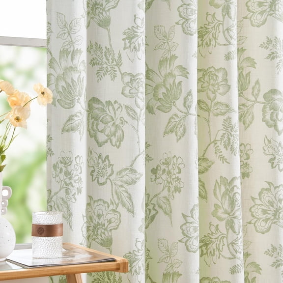 Floral Curtains Burlap Look Faux Linen Green Flower Patterned Drapes for Living Room Light Filtering Farmhouse Curtain Rod Pocket Window Panels