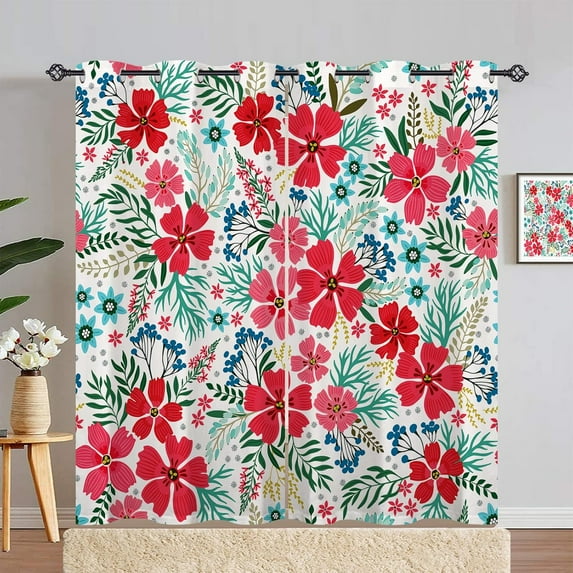 Floral Curtains Grommet Light Filtering Window Drapes with Modern Theme Rustic Style Colorful Flower Leaf Print Pattern Decorative Privacy Curtains for Bedroom Living Room 2 Panels 52 x 84 Inch