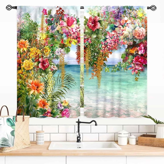 Floral Curtains for Kitchen, Watercolor Summer Spring Floral Blossom Colorful Botanical Nature Flower Small Short Cafe Window Drapery Treatments for Bedroom Living Room Bathroom 2 Panels, 55x39 Inch
