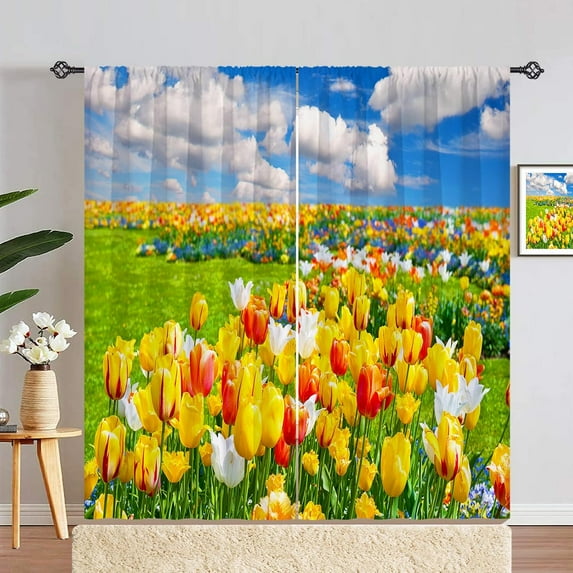 Floral Curtains - Nature Landscape Theme White Yellow Red Tulip Flower Scenery Scene Print Pattern Rod Pocket Light Filtering Window Drapes for Bedroom Living Room 2 Panels 52 x 84 Inch