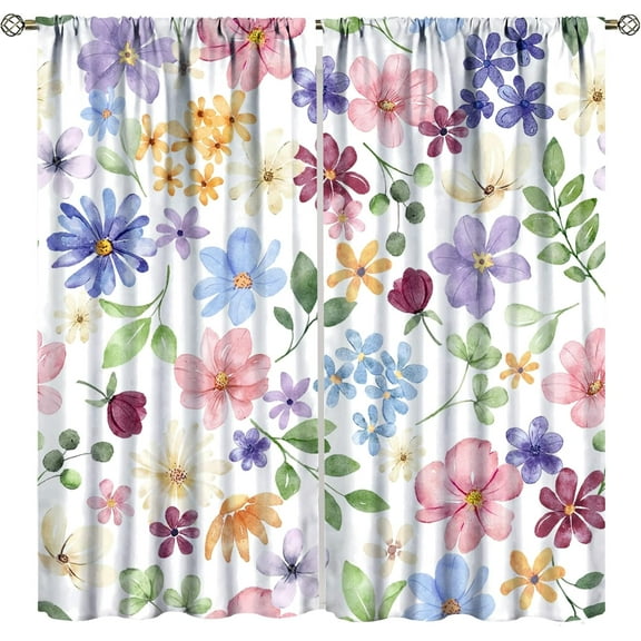 Floral Curtains, Spring Watercolor Flower Plant Rustic Modern Style Pattern for Bedroom Living Room, 2 Panel Set,52X84 Inch