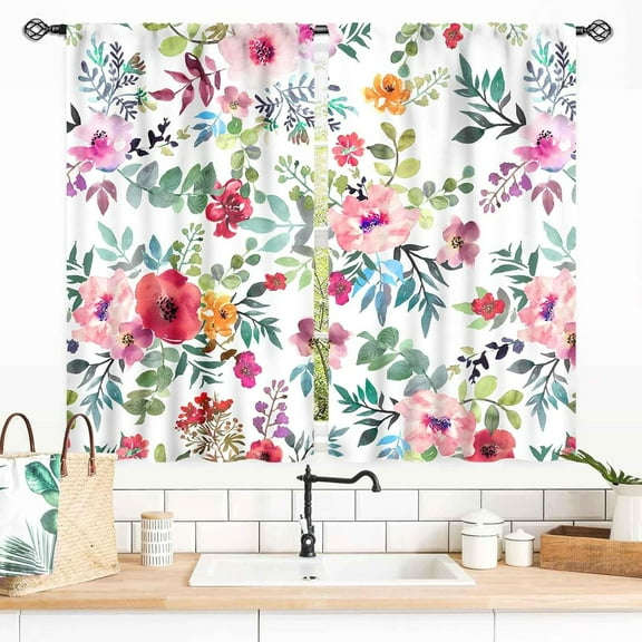 Floral Curtains, Vintage Flower Pink Floral Farmhouse Country Kitchen Cafe Small Curtains Drapes Watercolor Floral Spring Blackout Window Treatments for Living Room Bedroom 2 Panel Sets, 55x39 Inch