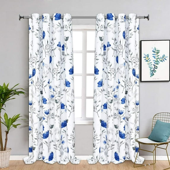 Floral Curtains Watercolor Flower Leaves Window Curtains,Blue and Gray Floral Drapes Grommet Window Drapes for Bedroom Living Room Kitchen Bathroom Nursery (52 x 84 Inch, 2 Panels)