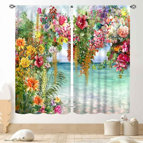 Floral Curtains, Watercolor Summer Spring Floral Blossom Colorful Botanical Nature Flower Printed Window Drapery Treatments for Bedroom Living Room Kitchen 2 Panels Set, 42"x54" Inch