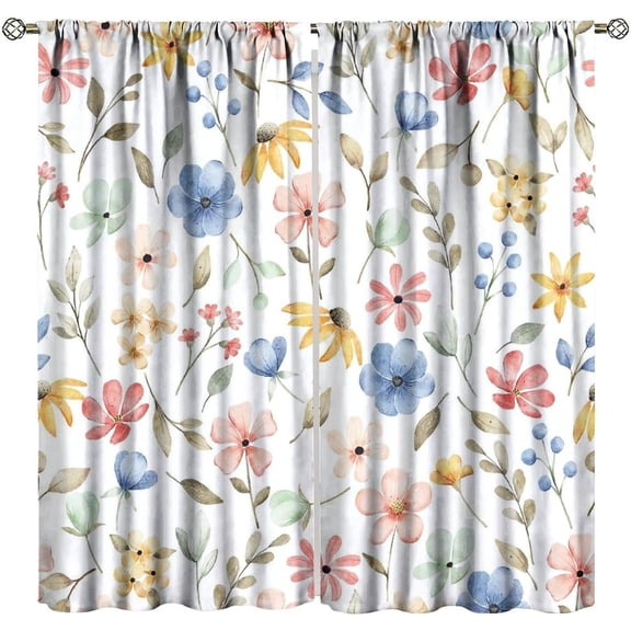 Floral Curtains, Watercolour Leaves, Retro Bohemian Herbs, Spring Plants, Bedroom, Living Room, Kitchen