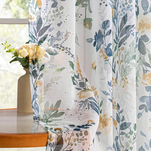 Floral Curtains for Living Room Classic Printed Flower Leaf Sheer Curtains for Bedroom, Bathroom, Rod Pocket Window Drapes Yellow and Blue, 2 Panels
