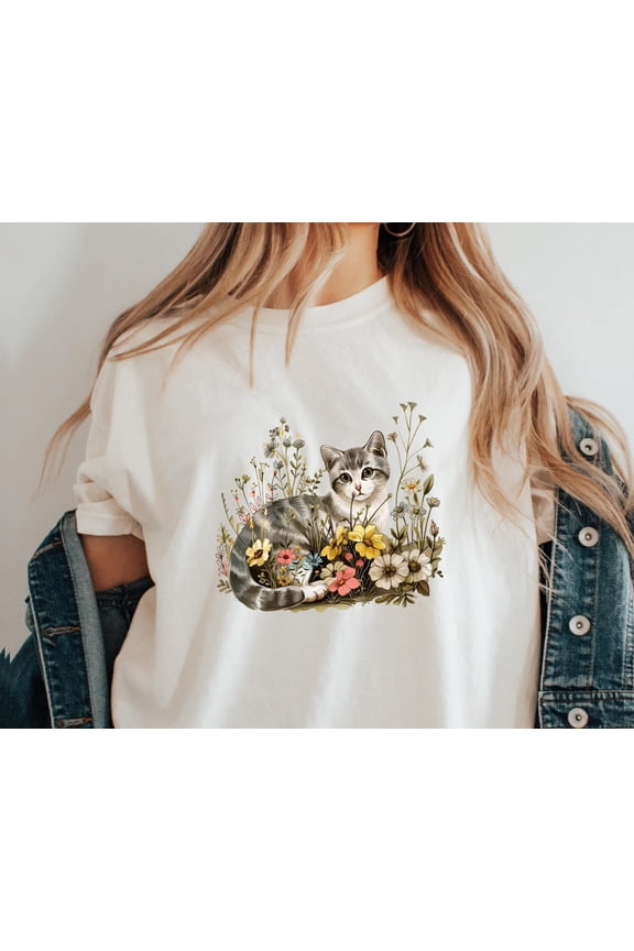 Floral Cute Cat Wildflower Shirt, Graphics Cat Shirts, Cat Person Gift