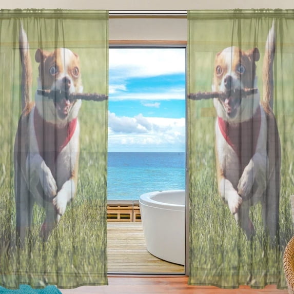 Floral Cute Chihuahua Running Semi Sheer Curtains Window Voile Drapes Panels Treatment-55x78in for Living Room Bedroom Kids Room, 2 Pieces