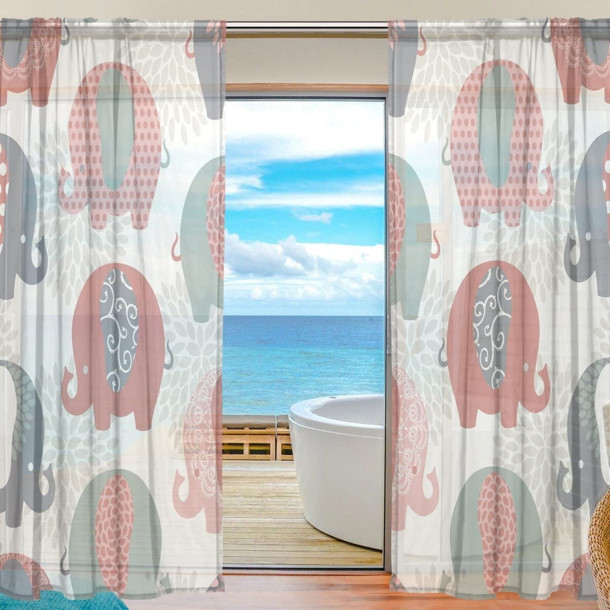 Floral Cute Colorful Elephants Semi Sheer Curtains Window Voile Drapes