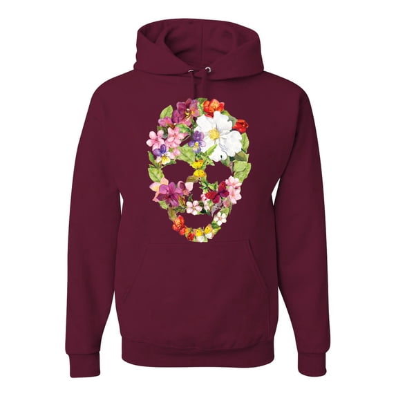Floral Cute Insects Butterfly Nature Skull Fashion Graphic Hoodie Sweatshirt, Maroon, Large