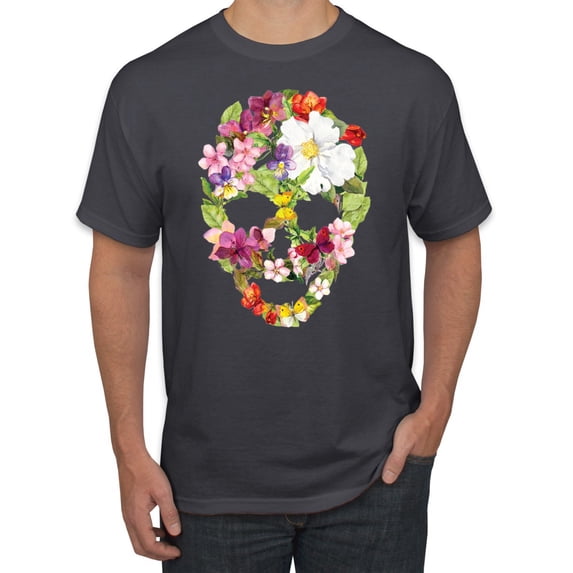 Floral Cute Insects Butterfly Nature Skull Fashion Graphic T-Shirt, Charcoal, Large