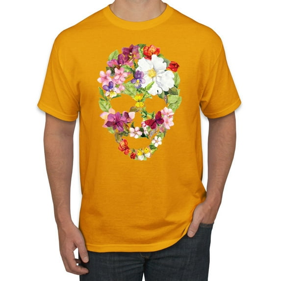 Floral Cute Insects Butterfly Nature Skull Fashion Graphic T-Shirt, Gold, 3XL