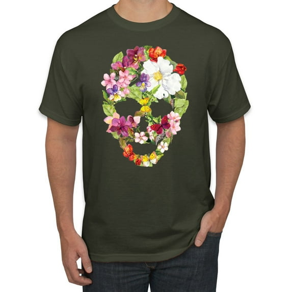 Floral Cute Insects Butterfly Nature Skull Fashion Graphic T-Shirt, Military Green, 5XL