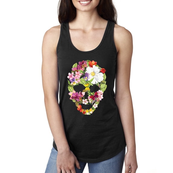 Floral Cute Insects Butterfly Nature Skull Fashion Ladies Racerback Tank Top, Black, X-Large