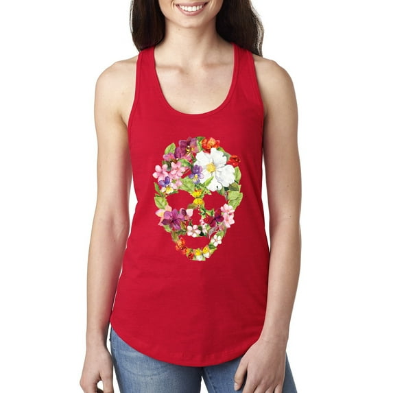 Floral Cute Insects Butterfly Nature Skull Fashion Ladies Racerback Tank Top, Red, Large