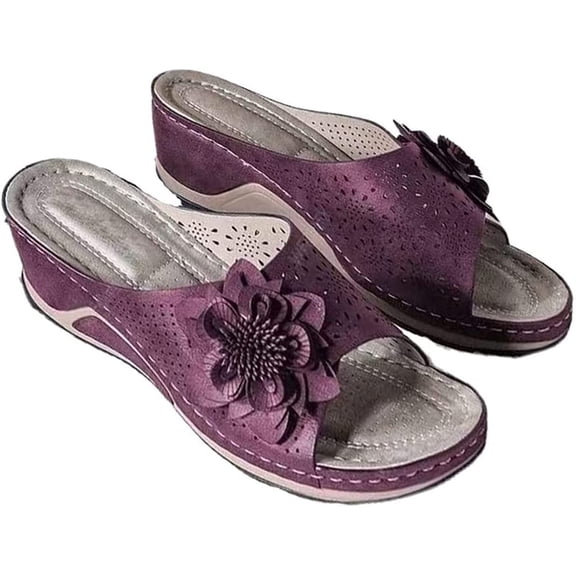 Floral Cutout Women's Leather Soft Insole Orthopedic Arch Support Sandals, Retro Bohemian Wedge Slippers