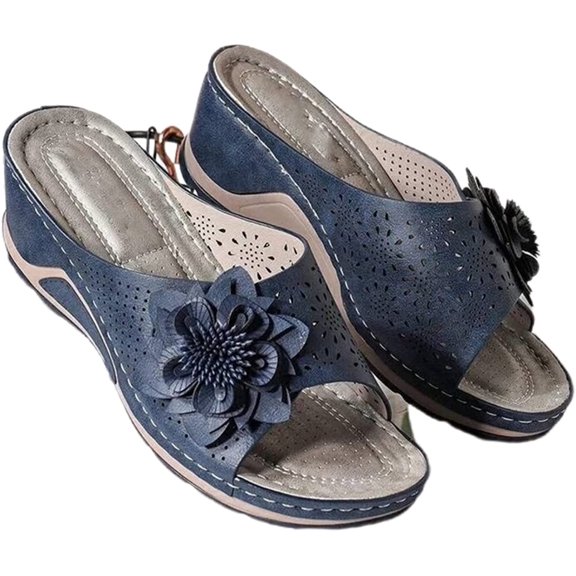 Floral Cutout Women's Leather Soft Insole Orthopedic Arch Support Sandals, Retro Bohemian Wedge Slippers