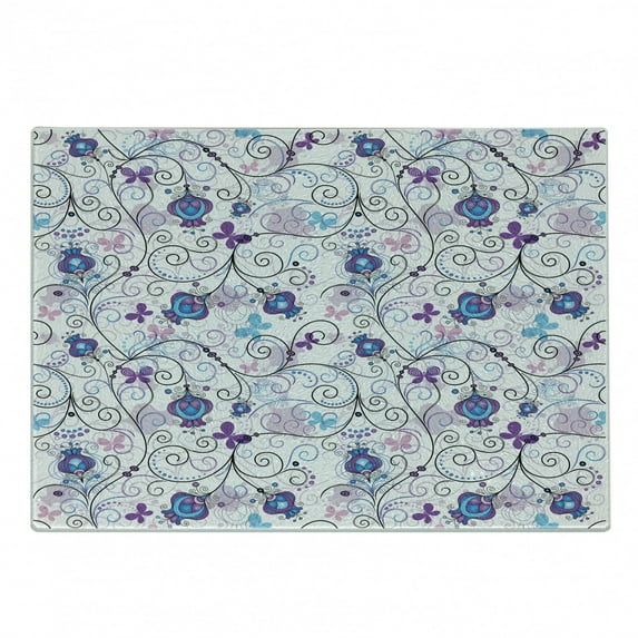Floral Cutting Board, Abstract Dreamy Illustration of Flowers and Butterflies Swirling Design Branches, Decorative Tempered Glass Cutting and Serving Board, in 3 Sizes, by Ambesonne