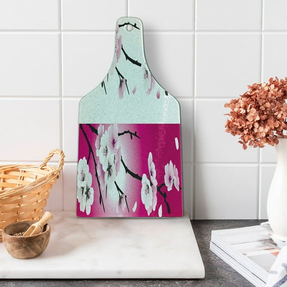 Floral Cutting Board, Apricot Flowers Branches on Different Backgrounds Blossoms Nature Garden Art, Tempered Glass Cutting and Serving Board, Wine Bottle Shape, Pink Black White, by Ambesonne