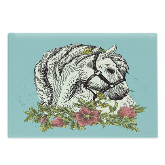 Floral Cutting Board, Boho Style Horse Opium Blossoms Poppy Wreath Illustration, Decorative Tempered Glass Cutting and Serving Board, Large Size, Turquoise Apple Green, by Ambesonne