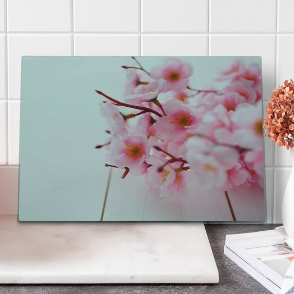 Floral Cutting Board, Cherry Blossom Petals Spring Season Florets in Soft Pastel Tones Art Print, Decorative Tempered Glass Cutting and Serving Board, Large Size, Pale Pink White, by Ambesonne