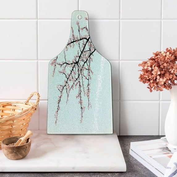 Floral Cutting Board, Cherry Branch with Pink Blossom Traditional Style Illustration Asia Culture Themed, Tempered Glass Cutting and Serving Board, Wine Bottle Shape, Pink Black, by Ambesonne