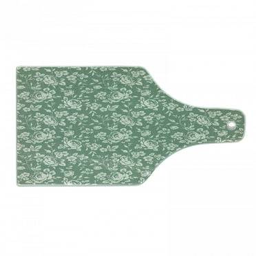 Floral Cutting Board, Classic Rose Branches Victorian Petals Romantic Botanical Blossom Pattern, Tempered Glass Cutting and Serving Board, Wine Bottle Shape, Reseda Green Cream, by Ambesonne