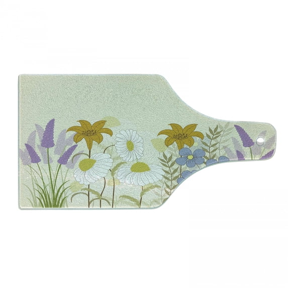 Floral Cutting Board, Composition of Blossoming Spring Wildflowers Chamomiles and Lavenders, Decorative Tempered Glass Cutting and Serving Board, in 3 Sizes, by Ambesonne