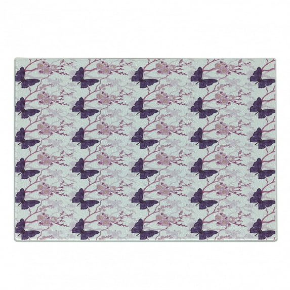 Floral Cutting Board, Delicate Illustration of Flowers and Butterflies, Decorative Tempered Glass Cutting and Serving Board, in 3 Sizes, by Ambesonne