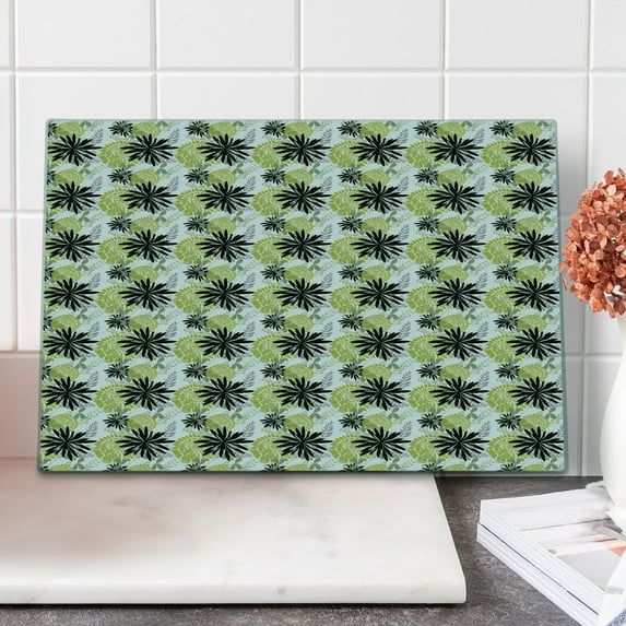 Floral Cutting Board, Flourishing Flowers and Leaves Modern Graphic Spring Garden Theme, Decorative Tempered Glass Cutting and Serving Board, Large Size, Grey Black Pale Green, by Ambesonne