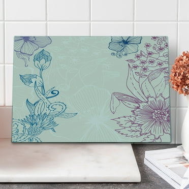 Floral Cutting Board, Flower Field Beauty Blooms in Spring Petals Graphic, Decorative Tempered Glass Cutting and Serving Board, Large Size, Teal Lilac Dried Rose, by Ambesonne
