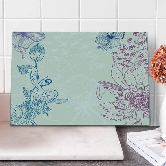 Floral Cutting Board, Flower Field Beauty Blooms in Spring Petals Graphic, Decorative Tempered Glass Cutting and Serving Board, Large Size, Teal Lilac Dried Rose, by Ambesonne