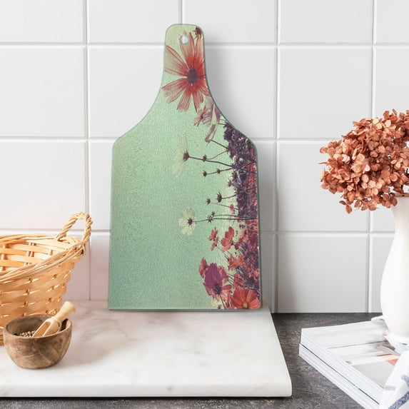 Floral Cutting Board, Flower Garden with Open Sky and Vintage Cosmos Plant Art Photo, Decorative Tempered Glass Cutting and Serving Board, Wine Bottle Shape, Sky Blue and Dark Coral, by Ambesonne