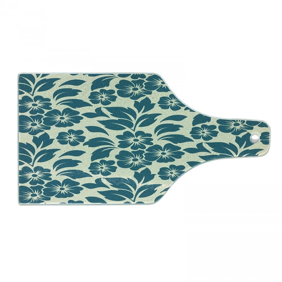 Floral Cutting Board, Flower Petals Blossoms Shabby Form Fragrance Florets Nature Spring Tropical Design, Tempered Glass Cutting and Serving Board, Wine Bottle Shape, Teal Cream, by Ambesonne