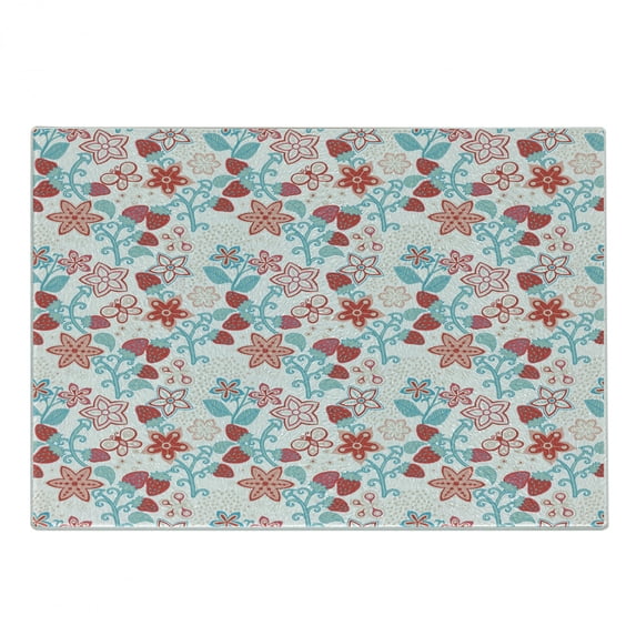 Floral Cutting Board, Flowers Ladybugs Butterflies Strawberries Playroom Pattern, Decorative Tempered Glass Cutting and Serving Board, Small Size, Dark Coral Aqua, by Ambesonne