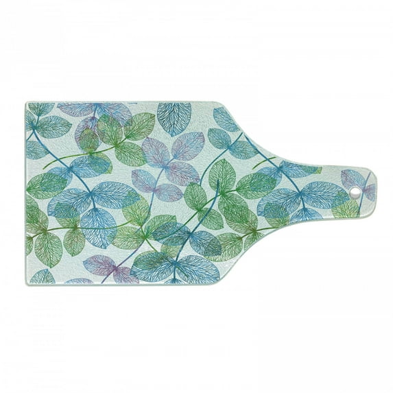 Floral Cutting Board, Flowers Leaves Ivy Vein Like Rainbow Ombre Colored Art Print, Decorative Tempered Glass Cutting and Serving Board, Wine Bottle Shape, Fern Green Pale Blue, by Ambesonne
