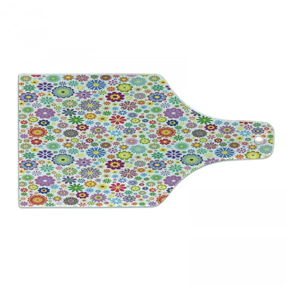 Floral Cutting Board, Flowers Peace Hippie Style Flourishing Blooms Petals Beauty Cheerful Season, Decorative Tempered Glass Cutting and Serving Board, Wine Bottle Shape, Multicolor, by Ambesonne