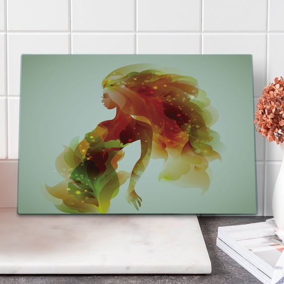 Floral Cutting Board, Girl Flowers and Leaves Abstract Art Spring Season Theme Art Print, Decorative Tempered Glass Cutting and Serving Board, Large Size, Eggshell Orange, by Ambesonne