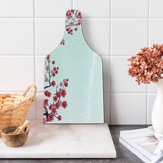 Floral Cutting Board, Illustration of Flowering Branch Sakura Traditional Floral Art Print, Tempered Glass Cutting and Serving Board, Wine Bottle Shape, Pink White Dark Purple, by Ambesonne