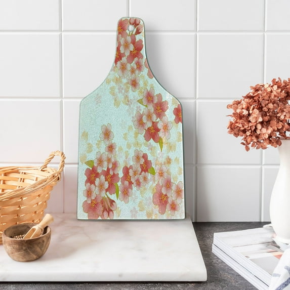 Floral Cutting Board, Japanese Sakura Flowers Cherry Blossoms in Vibrant Colors Illustration, Tempered Glass Cutting and Serving Board, Wine Bottle Shape, Coral Dark Coral Yellow, by Ambesonne