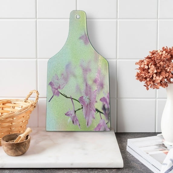 Floral Cutting Board, Larkspur Petals with Bokeh Backdrop Summer Season Botany Bouquet Image, Tempered Glass Cutting and Serving Board, Wine Bottle Shape, Pale Green Pale Pink, by Ambesonne