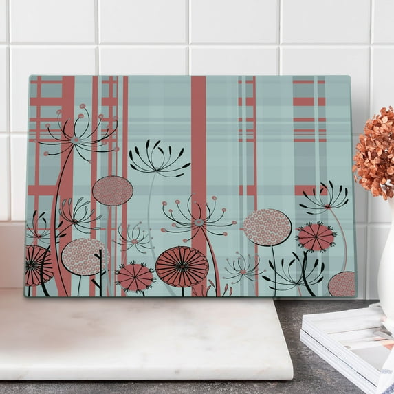 Floral Cutting Board, Modern Botanical Themed Pastel Pattern with Abstract Herbs, Decorative Tempered Glass Cutting and Serving Board, in 3 Sizes, by Ambesonne