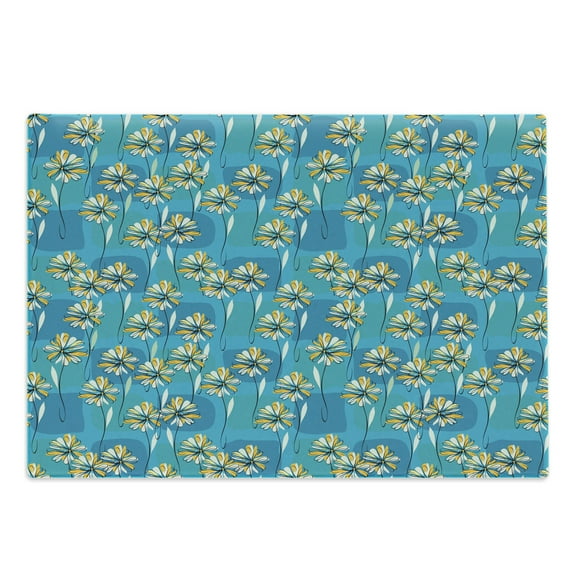 Floral Cutting Board, Modern Design Sketchy Garden Daisy Like Flowers Leaves with Abstract Art, Decorative Tempered Glass Cutting and Serving Board, Large Size, Blue Yellow and White, by Ambesonne