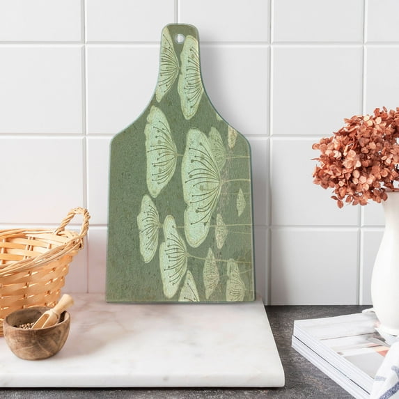 Floral Cutting Board, Pastel Beige Toned Flower Blooms Floret Buds Essence Nature Themed Illustration, Decorative Tempered Glass Cutting and Serving Board, Wine Bottle Shape, Taupe, by Ambesonne