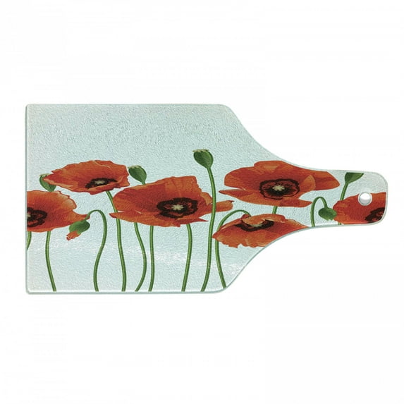 Floral Cutting Board, Poppies of Spring Season Pastoral Flowers Botany Bouquet Field Nature Theme Art, Tempered Glass Cutting and Serving Board, Wine Bottle Shape, Red and Green, by Ambesonne