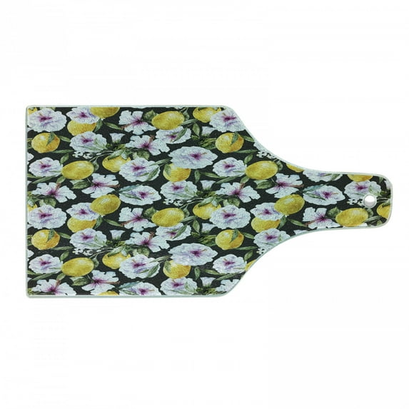 Floral Cutting Board, Tropical Hibiscus Blossoms Petals with Lemons Nature Harvest Spring Essence Image, Tempered Glass Cutting and Serving Board, Wine Bottle Shape, Multicolor, by Ambesonne